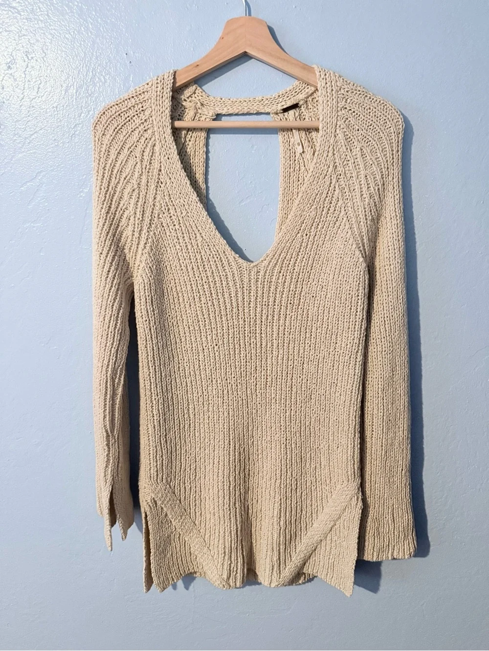 Free People Cream Open Knit V-Neck Sweater